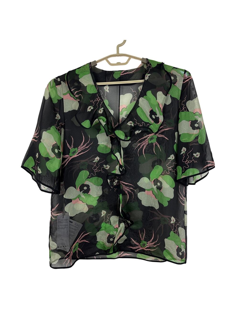 MARNI Black Green Floral Ruffle V-neck Blouse silk organza sheer fairy preppy